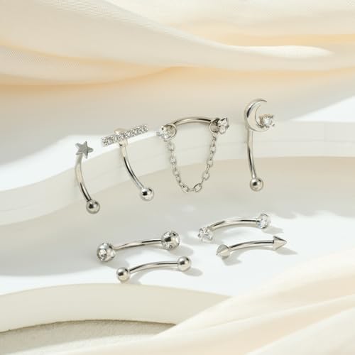 FECTAS 16G 8PCS Rook Piercing Jewelry Eyebrow Rings for Women Rook Earrings Tragus Daith Cartilage Lip Belly Surface Curved Barbell Piercing Jewelry 10mm 8mm - style: style2-10mm