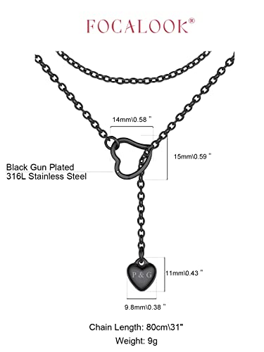 FOCALOOK Heart Lariat Necklaces for Women, Long Slip Chain Necklace | Hypoallergenic 316L Stainless Steel Silver/Black/Gold Plated, Front Slider Closure, Non Tarnish, Layered look, Everyday Wear - color: 04:Black Heart-Custom