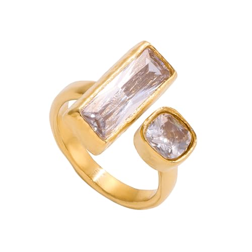 Cubic Zirconia Square Gold-Tone Statement Ring for Women Hypoallergenic Stainless Steel Adjustable Stackable Charm Geometric Open Band Wrap Finger Rings Comfort Fit Fashion Holiday Party Prom Jewelry