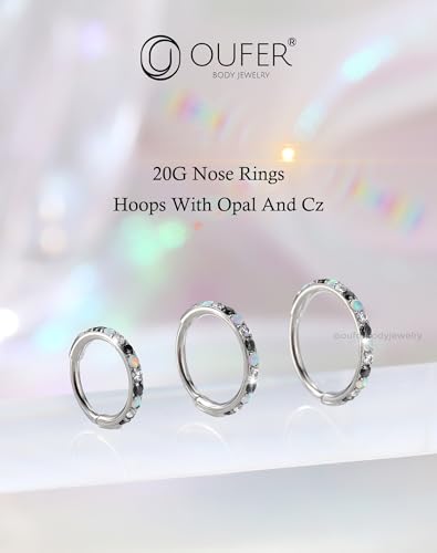 OUFER Opal and CZ 20G Nose Rings Hoops, 316L Surgical Steel Hinged Segment Nose Piercing Jewelry, Septum Lip Eyebrow Rings Cartilage Conch Rook Helix Tragus Daith Earrings For Women and Men-6/7/8MM - color: Black CZ