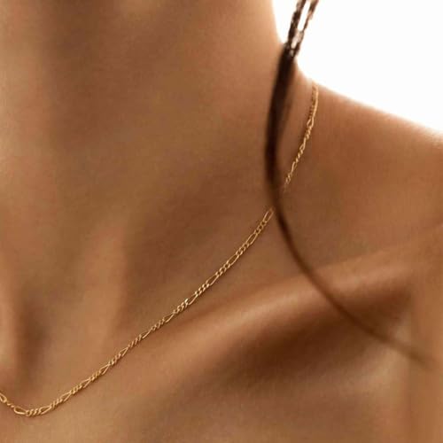 14K Gold Plated Chain Necklace for Women Trendy - 925 Sterling Silver Clasp | Waterproof Dainty Choker Necklace, 14/16/18/20 inch Thin Simple Box Figaro Chain Herringbone Necklace Jewelry for Women Men - color: Figaro
