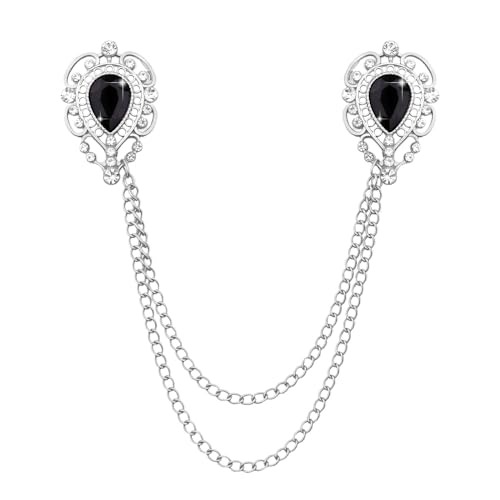 Teardrop Rhinestone Brooch Mens Lapel Pins for Shirt Collar Hanging Chain Brooch Suit Pin Crystal Rhinestone Lapel Pins for Men - color: Black-J