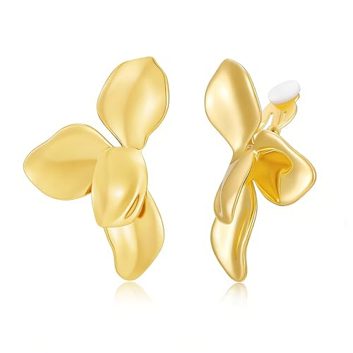 Chunky Flower Clip on Earrings for Women 14K Gold Plated No Piercing Floral Stud Earring Lightweight Jewelry Gifts - color: Flower-B-gold