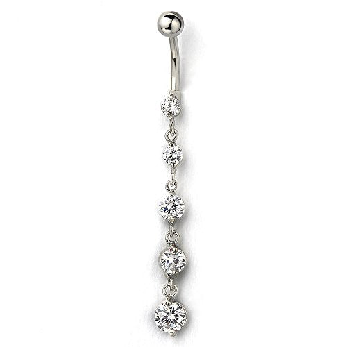 COOLSTEELANDBEYOND Belly Chain Belly Button Ring Body Jewelry Piercing Navel Ring with Long Dangle Cubic Zirconia - color: A-Metal Color:Silver; Stone Color:White