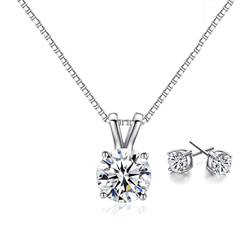 Dainty Solitaire Necklaces Stud Earrings Set For Women,White Gold Plated Simple Prom Jewelry Set Cubic Zirconia Pendant Choker Necklace And Earring Sets Wedding Jewelry For Bridal - color: 4 Prong necklace stud set