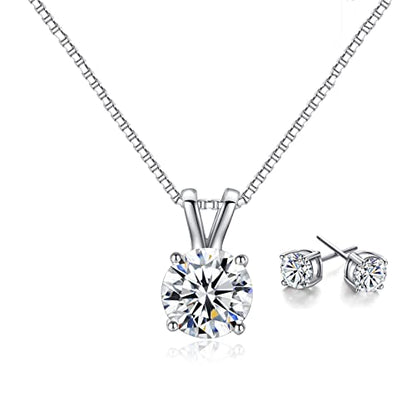 Dainty Solitaire Necklaces Stud Earrings Set For Women,White Gold Plated Simple Prom Jewelry Set Cubic Zirconia Pendant Choker Necklace And Earring Sets Wedding Jewelry For Bridal - color: 4 Prong necklace stud set
