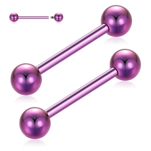 PEAKLINK Internally Threaded Nipple Rings Titanium Nipple Bars Piercing Jewelry 1 Pair Tongue Rings Eyebrow Jewelry Bridge Piercings - color: Purple Nipple Straight Barbell