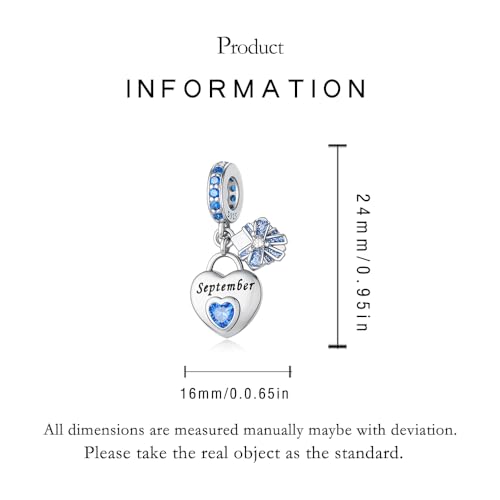 LNQOBU 925 Sterling Silve Heart-shaped Birthstone Charm for Bracelets, With 5A Cubic Zirconia Birthday Charms Dangle Pendant Bead for Pandora Bracelets - color: I-September