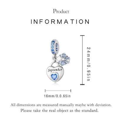 LNQOBU 925 Sterling Silve Heart-shaped Birthstone Charm for Bracelets, With 5A Cubic Zirconia Birthday Charms Dangle Pendant Bead for Pandora Bracelets - color: I-September