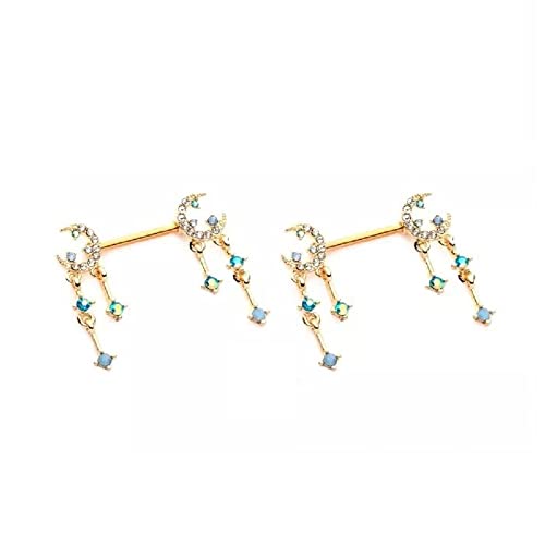 Pierced Owl 14GA 316L Stainless Steel Gemmed Crescent Moon and Star with Dangling Charms Nipple Barbells, Sold as a Pair - style: Gold Tone