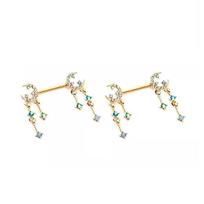 Pierced Owl 14GA 316L Stainless Steel Gemmed Crescent Moon and Star with Dangling Charms Nipple Barbells, Sold as a Pair - style: Gold Tone