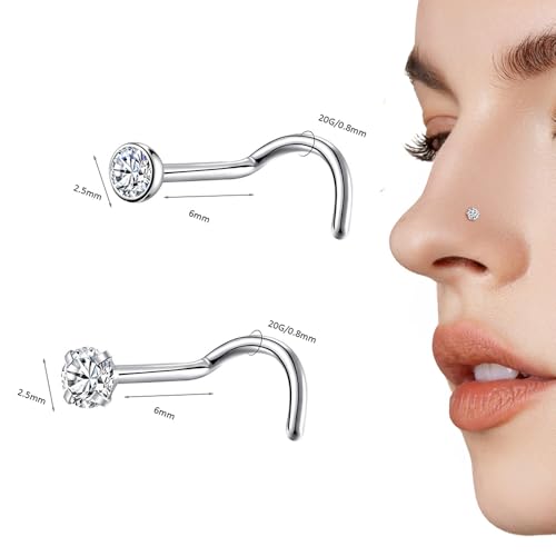 8PCS G23 Titanium Twist Screw Nose Studs 18G 20G Nose Rings 2mm 2.5mm 3mm Clear Pink Purple Aurora CZ Gold Nose Piercing Studs Nostril for Women Men - style: 20g silver clear cz 2.5mm