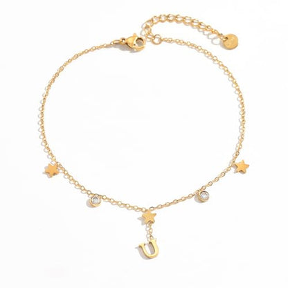Initial Anklet for Women, 18K Gold Plated Waterproof Ankle Bracelet, Star CZ Letter A-Z Personalized Beach Foot Jewelry - color: U