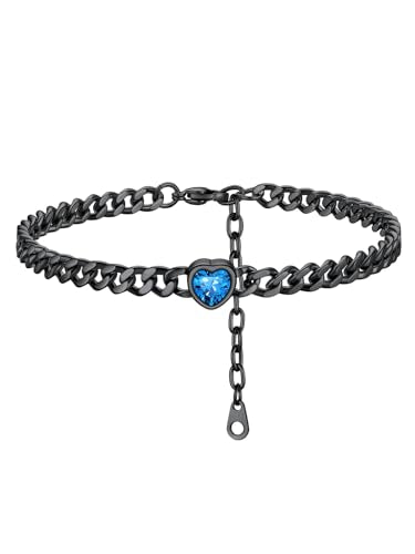 ChainsHouse Cuban Chain Anklets for Women with Heart Birthstone Jan - Dec | Stainless Steel Black Link Chain Ankle Bracelet with Birthstone, Beach Women Anklet 22cm-27cm Adjustable, with Gift Box - color: 12. Dec.-Tanzantite-Black