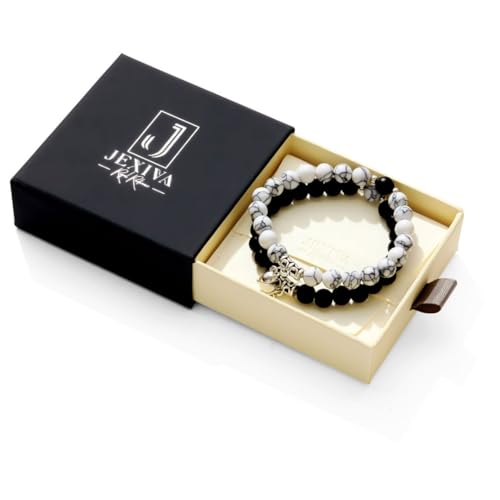Set Of 2 Couples Bracelet Magnetic Healing Natural Bead Stone Stretch Bracelet Unisex Anniversary, Friendship, Valentine, Christmas Gift - color: Black+Howlite, style: With Luxury Giftbox