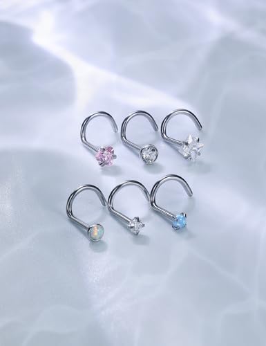 6 Pcs 18G 20G Surgical Steel Nose Rings Studs for Women Opal Nose Rings Diamond CZ Nose Studs L Shaped Nose Nostril Piercing Jewelry Hypoallergenic - style: 18G,Screw