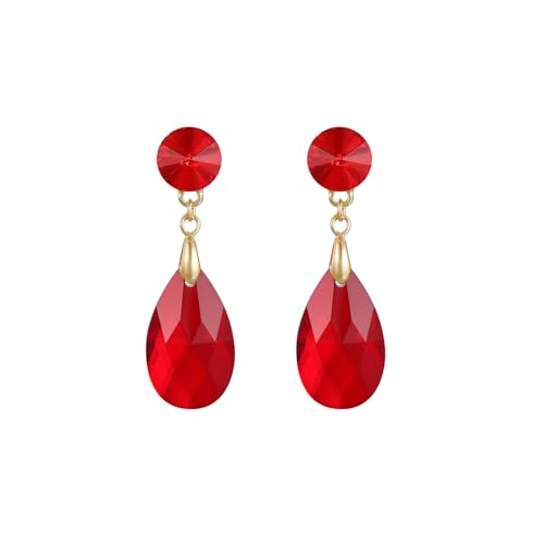 Round and Teardrop Crystal Stud Dangle Earrings Hypoallergenic Gold Plated Birthstone Drop Earrings Trendy Evening Prom Pageant Jewelry Gift for Women - color: red