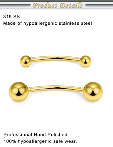 Snake Eyes Piercing Jewelry Tongue Surgical Steel Frog Eyes Tongue Rings 16G 14G Eyebrow Piercing Curbed Barbell Vertical Labret Lip Jewelry Bridge Piercings for Women Men 10mm/12mm/14mm/16mm - color: 16g,goldtone