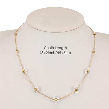 Dainty Pearl Necklace for Women Gold Plated Bridal Wedding Jewelry Trendy Cute Lariat Pearl Pendant Drop Charm Choker Stackable Necklace Gift for Women Mom Sister Daughter - color: G.Gold Daisy Pearl
