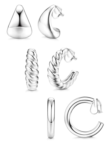 BESTEEL 3Pairs Clip on Earrings for Women Trendy Chunky Hoops Fake Earrings | Hypoallergenic 14K Gold Plated Lightweight Tube Croissant Waterdrop Clip-on Earrings Set Non Pierced Earrings Jewelry Gift - color: Silver-Stylish
