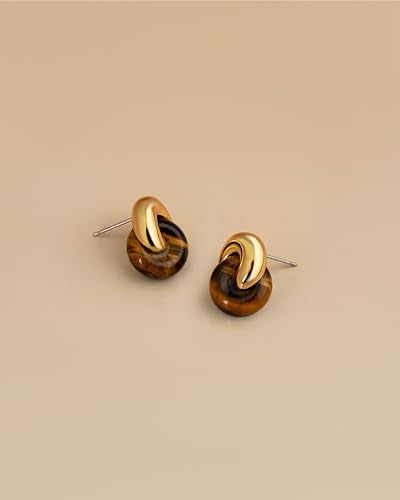 Small Twist Interlock Chunky 18K gold plated Gemstone Natural Stone (Brown, Green, Pink, White) Statement Earrings for Women by SNGIA, Dainty Love Knot Tiger Eye Amber Jade Tourmaline Bold Handmade Exaggerated Dome Retro Rounded Button Half Ball Trendy Bo