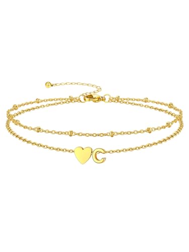 Ankle Bracelets for Women Waterproof 14K Gold/Silver/Black Initial Anklet for Women Dainty Layered Heart Ankle Bracelets Stainless Steel Adjustable Foot Chain Anklet Summer Beach Jewelry - color: C-Gold