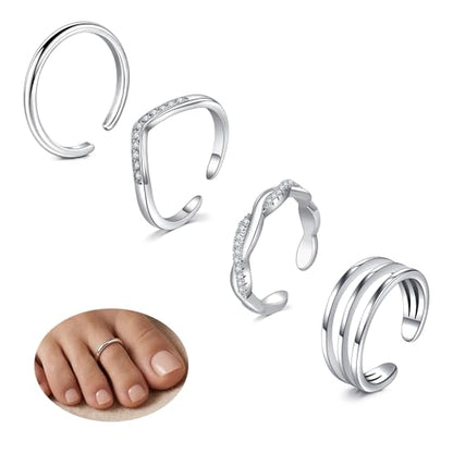 JFORYOU Toe Rings for Women Adjustable Open Toe Rings with Anklet Set CZ Flower Toes Ring for Summer Beach Foot Jewelry - color: 4pcs-silver toe rings Style B