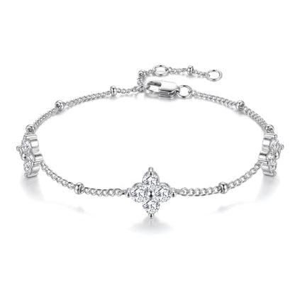 Dainty Lucky Four Leaf Clover Bracelets for Women, Trendy 14K Gold Plated Hypoallergeni Cubic Zirconia Bracelets Cute Paperclip Interlocking Adjustable Chain - color: Silver Clover Bracelet