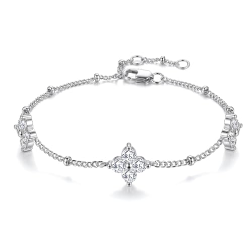 Dainty Lucky Four Leaf Clover Bracelets for Women, Trendy 14K Gold Plated Hypoallergeni Cubic Zirconia Bracelets Cute Paperclip Interlocking Adjustable Chain - color: Silver Clover Bracelet