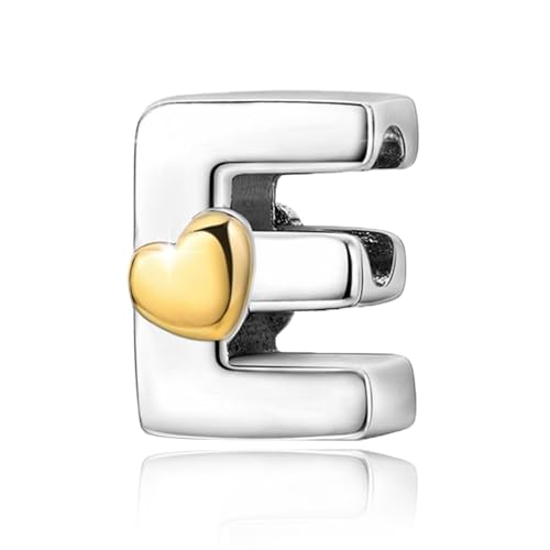Two-Tone Gold Heart S925 Silver Letter Charm Fits Pandora Bracelet Necklace | Initial Bead Two-Tone Gold Heart, DIY European Bracelet Accessory, Gift for Ladies Birthday Anniversary Valentine - style: E