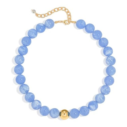 Chunky Beaded Necklace for Women Boho Statement Bead Necklace | Adjustable, Lightweight Choker, Round/Oval/Pebble Beads, Trendy Summer Beach Jewelry - color: Light Blue-C