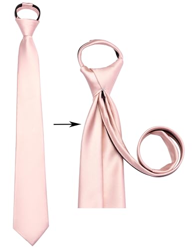 Branduce 3.15"（8cm） Mens Solid Satin Tie Pre-tied Adjustable Zipper Necktie for Business and Wedding - color: Blush Pink