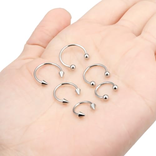 6PCS Septum Rings 18G Stainless Steel Nose Septum Ring Horseshoe Earring Eyebrow Lip Smiley Piercing Jewelry for Women Men Inner Diameter 8mm/10mm/12mm - color: silvertone,ball+spike closure