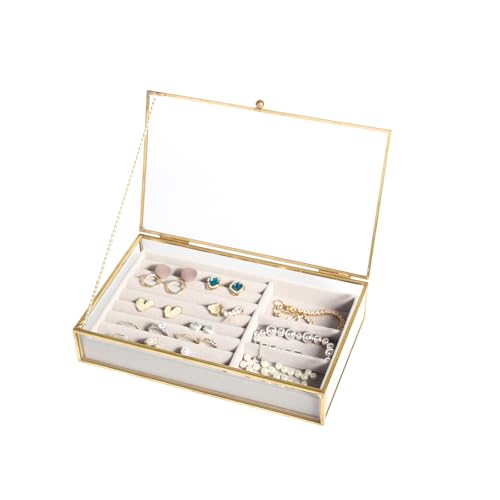 Feyarl Gold Glass Jewelry Trinket Box Ring Earring Display Holder Box Bracelet Brooch Organizer Decorative Photo Cards Collection Keepsake Case Insert Velvet Tray for Home Deco Dresser Table