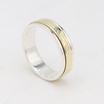 Hammered Spinner Ring for Women, 925 Sterling Silver & Brass Two-Tone Fidget Band