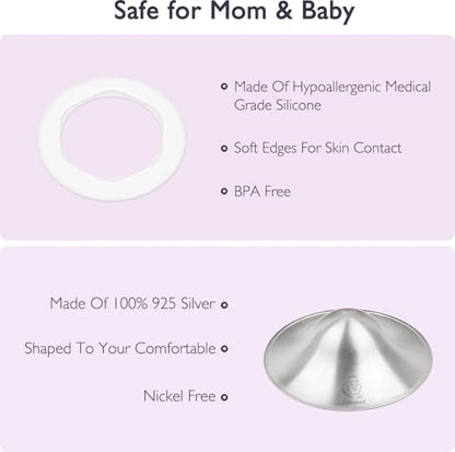 Boboduck 925 Silver Nipple Covers Breastfeeding - The Original Silver Nursing Cups - Protect and Soothe Sore Nipples - Silver Nipple Shield Guards with Soft Silicone Ring - size: Regular