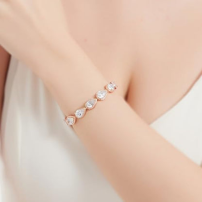 Bride Teardrop Earrings & Bracelet Wedding Jewelry Set, Cubic Zirconia Bridal Bridesmaid Party Formal Prom Gift - color: Rose Gold