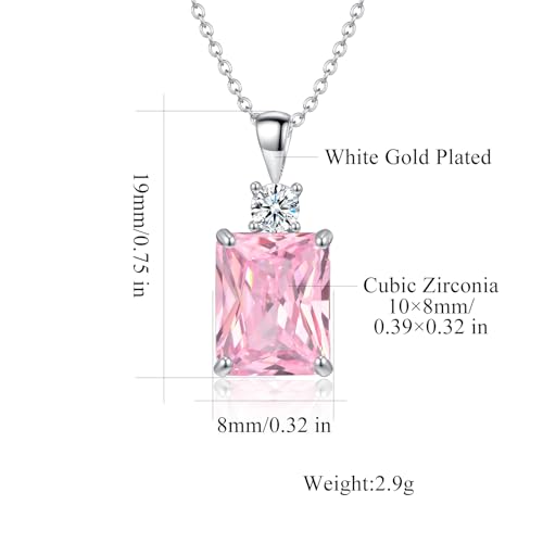 CiNily Rectangular Crystal Necklace for Women Trendy, Pendant Necklace with Chain 14K White Gold | Gold Plated Multicolor Birthstone Pendant Necklaces Boho Jewelry for Christmas Birthday Wedding - color: Silver-Pink cz