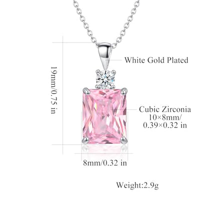 CiNily Rectangular Crystal Necklace for Women Trendy, Pendant Necklace with Chain 14K White Gold | Gold Plated Multicolor Birthstone Pendant Necklaces Boho Jewelry for Christmas Birthday Wedding - color: Silver-Pink cz