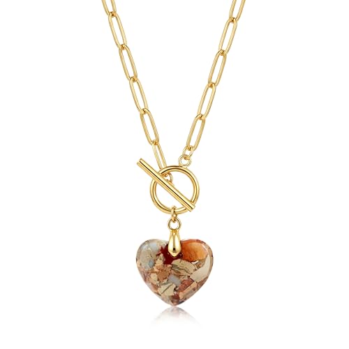 Puff Heart Healing Stone Necklace for Women, 14K Gold Plated Choker Paperclip Stainless Steel Chain, Colorful Natural Stone Boho Necklace Jewelry Gift for Women - color: Khaki Stone-Gold