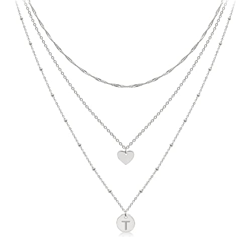 Layered Initial Choker Necklaces Handmade 14K Gold Plated Dainty Heart Personalized Letter Disc Pendant Layering Gold Necklaces for Women Gift Jewelry,Valentines Day Gifts for Mom Wife Girlfriend - style: T-Silver