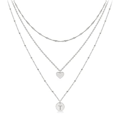 Layered Initial Choker Necklaces Handmade 14K Gold Plated Dainty Heart Personalized Letter Disc Pendant Layering Gold Necklaces for Women Gift Jewelry,Valentines Day Gifts for Mom Wife Girlfriend - style: T-Silver
