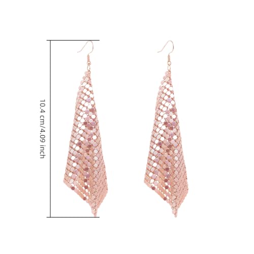 Mesh Sequin Tassel Long Drop Earrings for Women, Lightweight Metal Grid Fringe Dangle Earrings, Colorful Sparkly Alloy Wedding Bridal Party Jewelry (1 pair) - color: Rose Gold