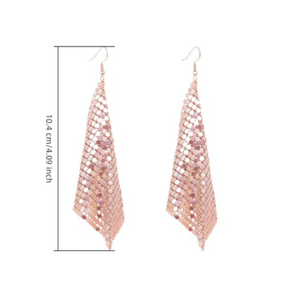 Mesh Sequin Tassel Long Drop Earrings for Women, Lightweight Metal Grid Fringe Dangle Earrings, Colorful Sparkly Alloy Wedding Bridal Party Jewelry (1 pair) - color: Rose Gold