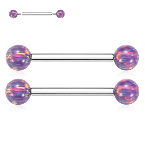 FUNLMO 1 Pair Nipple Piercing Jewelry Titanium Nipple Rings Internally Threaded Tongue Rings Bridge Piercing Jewelry Opal Nipple Barbells - color: Silver, Purple Opal Ball