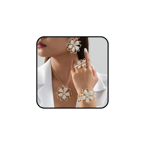 Gold Flower Jewelry Set For Women, 5 Pcs Chunky Golden Floral Pendant Necklace Bracelet Earrings Ring Set Statement Flower Jewelry Gifts For Beach Wedding - color: 5pcs-White