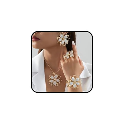 Gold Flower Jewelry Set For Women, 5 Pcs Chunky Golden Floral Pendant Necklace Bracelet Earrings Ring Set Statement Flower Jewelry Gifts For Beach Wedding - color: 5pcs-White