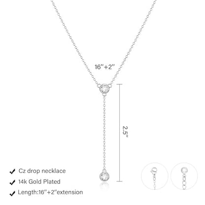 Zeffy Lariat Gold Necklace for Women, Dainty Long Necklace 14k Gold/Silver Plated Layered CZ Beaded Bar Chain Y-Shaped Body Chain Stack Drop Wedding Necklace Trendy Simple Gold Jewelry Gifts - color: Silver Two CZ Y Necklace (1PCS)