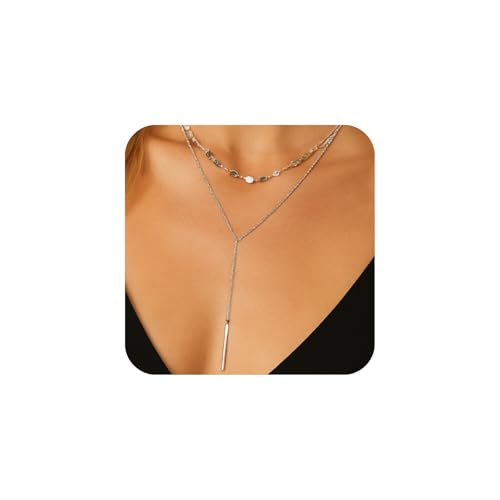 14K Gold Plated Y Necklace for Women – Dainty Lariat Long Pendant Chain, Layered Drop Necklace for V Neck Dress, Simple Sexy Cleavage Jewelry Gifts for Women - color: Silver - Double layered - Sugar cube