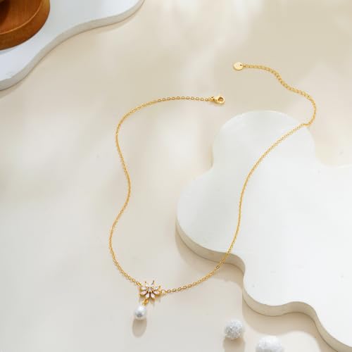 Gold Pearl Necklaces for Women Trendy, 14K Gold Plated Dainty Necklace Simple Layered Pearl Necklaces for Women Trendy Wedding Birthday Jewelry - color: 5-CZ Pearl necklace